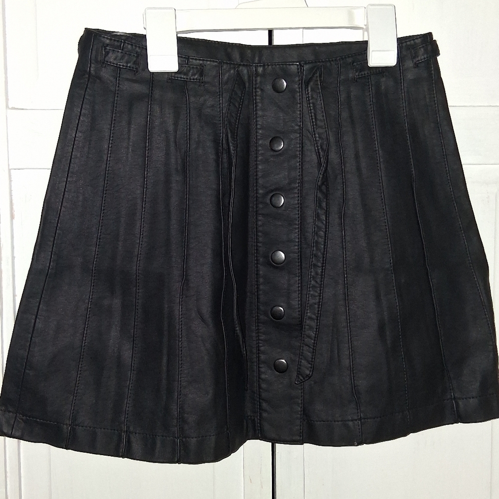 Free People Black Button Front Faux Leather Mini Skirt